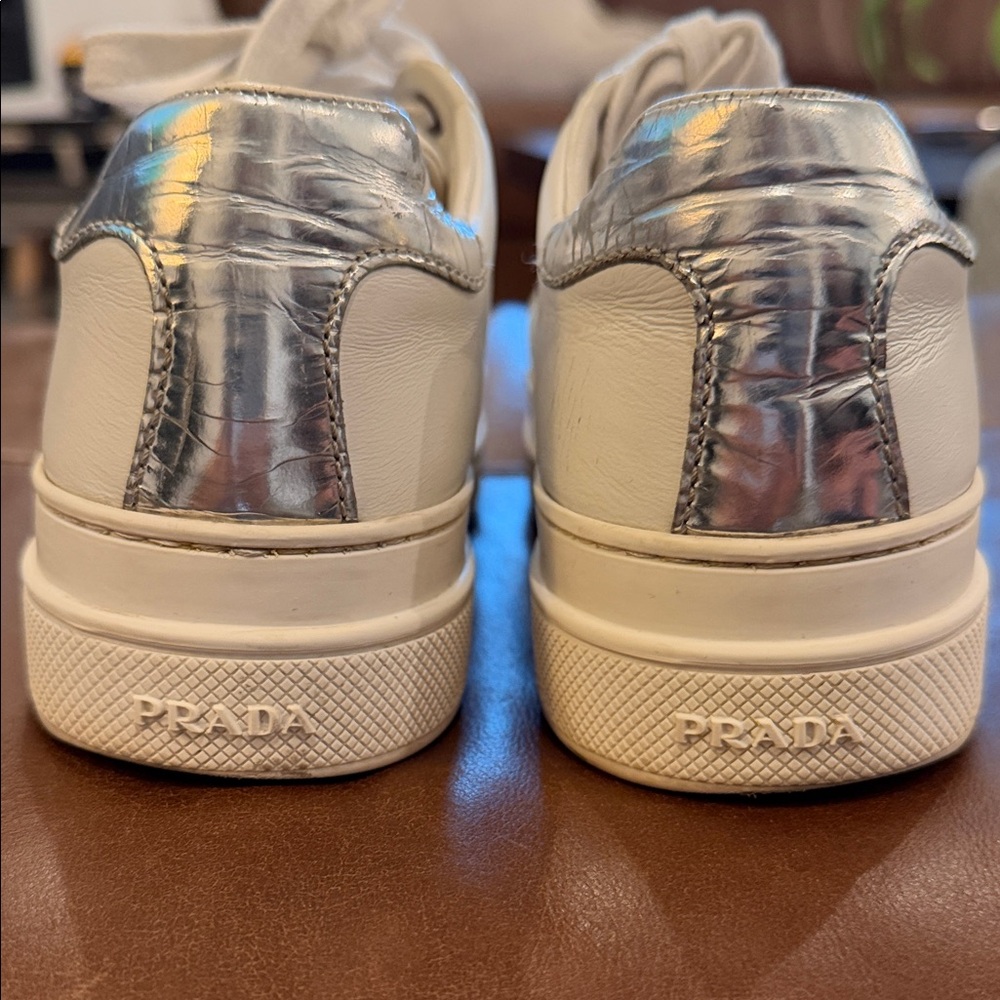 Prada White and Silver Low-Top Sneakers - Picture 3 of 5